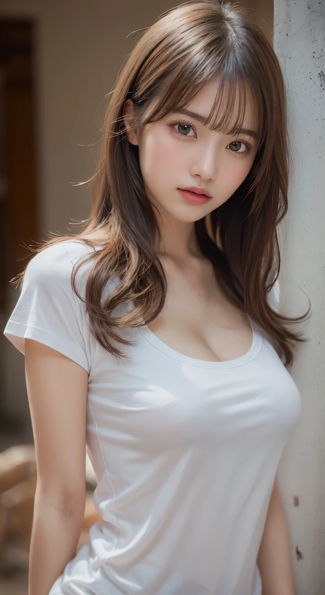 (highest quality), (Ultra-detailed), (Cleavage), (Detailed light), (Very delicate and beautiful、White T-shirt:1.3), 1. Young Girl, Brown Hair, Brown eyes, model, highest quality, Highly detailed CG synthesis 8k wallpaper, High-definition RAW color photos, bright、Sexy pose、(Are thin:1.4)、Slightly 、Beautiful breasthort hair、((Naughty pose))、I can see your thighs、Cowboy Shot