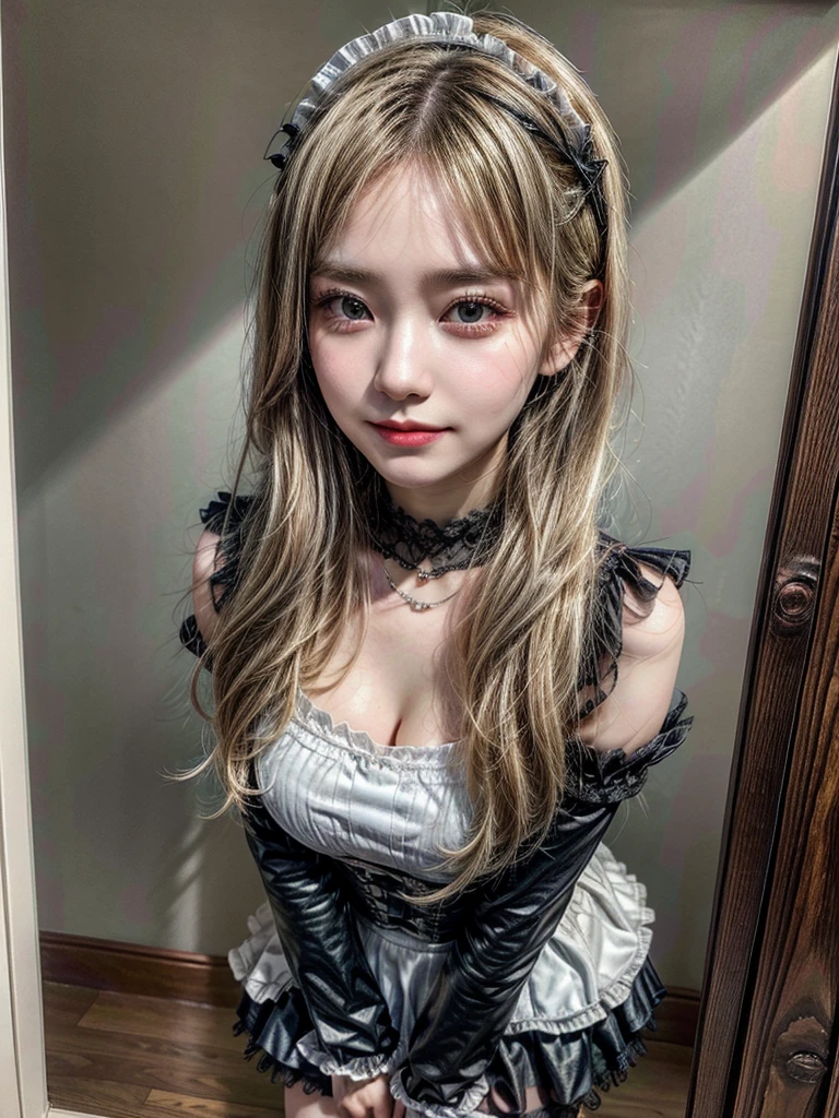 Accurate depiction with high resolution,(8K, Photorealistic, Raw photo, of the highest quality: 1.3), (1girl in), Super beautiful, (Realistic face), (boyish, Silver Color Berry Shorthair), Beautiful , Glare that captivates the viewer, Beautiful expression, Beautiful breasts, (Realistic skin), Be...Super high quality, super high definition, super detailed, masterpiece, 20years old, female, cute, perfect face, beautiful, nice body, gothic ta clothes, gothic loliashion, frilly skirt, headdress, necklace, bracelet, knee-high socks, boots, double eyelids, tear bags, Detailed down to the fingers, photo-like description, indoors, dim indoor lighting, blonde hair, semi long, standing, whole body, composition that shows the whole body, smiling