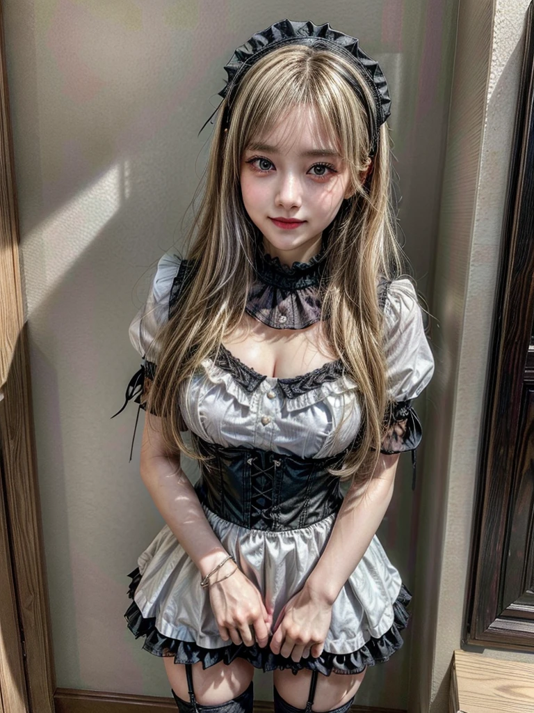 Accurate depiction with high resolution,(8K, Photorealistic, Raw photo, of the highest quality: 1.3), (1girl in), Super beautiful, (Realistic face), (boyish, Silver Color Berry Shorthair), Beautiful , Glare that captivates the viewer, Beautiful expression, Beautiful breasts, (Realistic skin), Be...Super high quality, super high definition, super detailed, masterpiece, 20years old, female, cute, perfect face, beautiful, nice body, gothic ta clothes, gothic loliashion, frilly skirt, headdress, necklace, bracelet, knee-high socks, boots, double eyelids, tear bags, Detailed down to the fingers, photo-like description, indoors, dim indoor lighting, blonde hair, semi long, standing, whole body, composition that shows the whole body, smiling