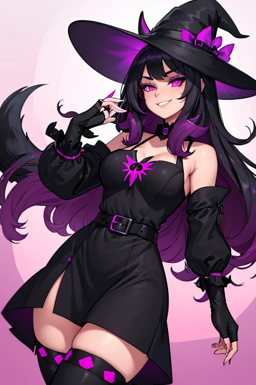 female, black long hair with magenta highlights, silver eyes, black wolf ears, black wolf tail (((1girl))), (((black witch dress with magenta trim))), (black fingerless gloves), (black witch's hat), (black belt), (magenta stockings), (black boots), cute and sexy, full body, large breasts, large butt, long legs, smiling