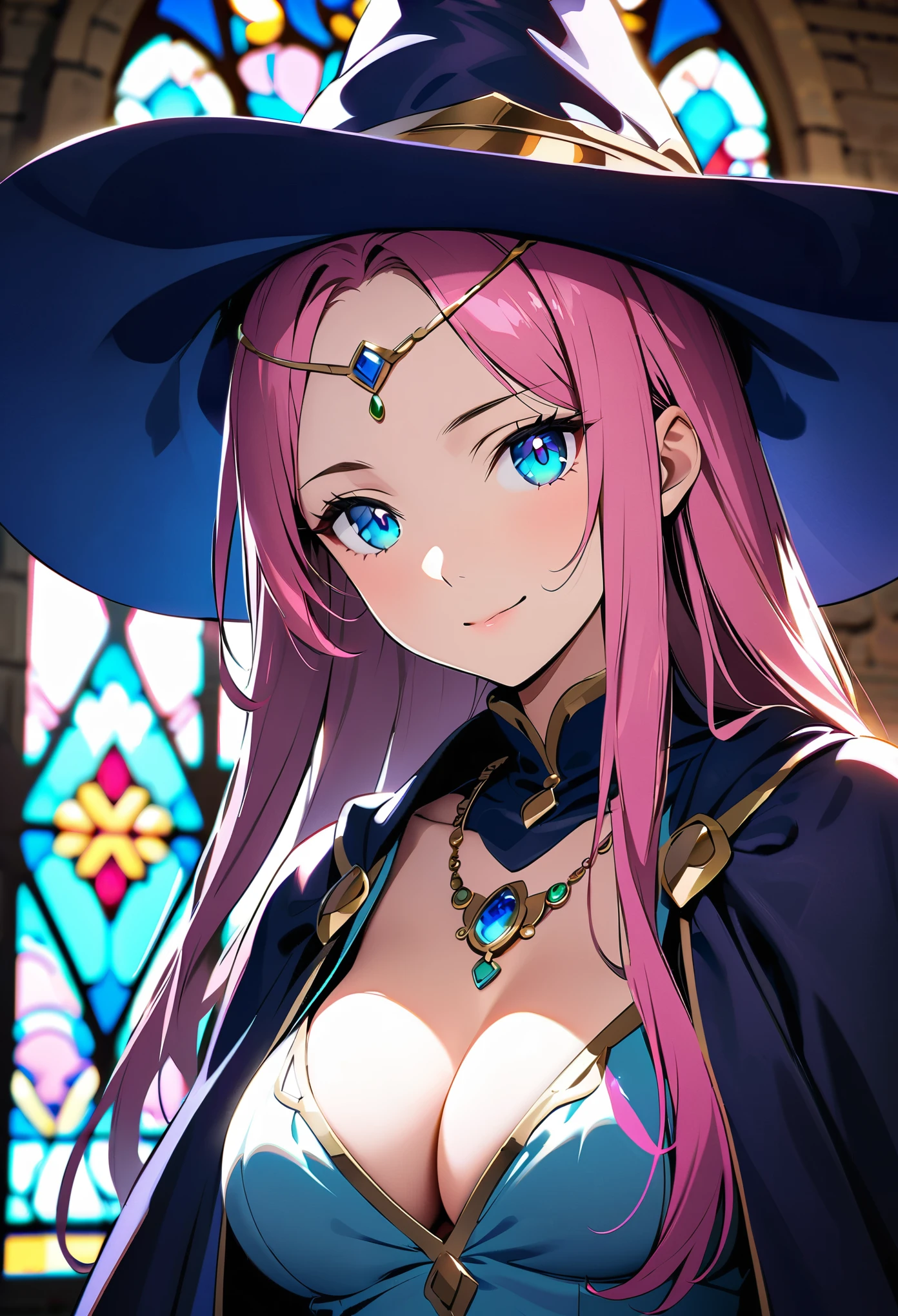 (Top image quality)，2023 Animation，Top animation quality，High-resolution details，Detailed wallpaper，(masterpiece)，(medium view), solo，A woman，upper body，Real style hair，Pink long hair，Exposed forehead，Realistic style eyes，Clear blue pupils，Beauty，light smile，Crystal color clothes，(loose wizard robe with gold edges)，Witch hat，Necklace made of colorful gemstones，large breast，Cleavage，Depth of Field，blur background，(Medieval temple background)，Stained glass windows，tapestry，Background Light，cinematic light，[Halo]