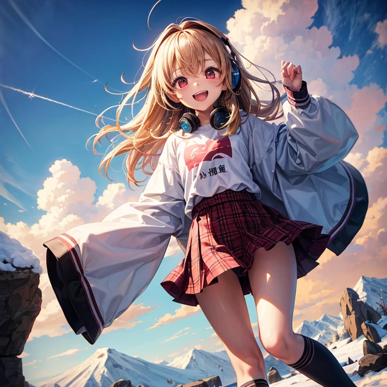 Pink gold golden hair、Red eyes、One good looking girl、solo、anime、Checkered mini skirt、The skirt has buttons、White T-shirt、Long sleeve、China、Black knee-high socks、Wearing headphones、Wearing a ribbon、Ribbon on waist、Tilting face、Teeth are visible、tunnel、Sunset sky、The rocks are exploding、Penguins are walking、Snow is piled up、Rocky Mountain、The clouds are breaking through、Contrail