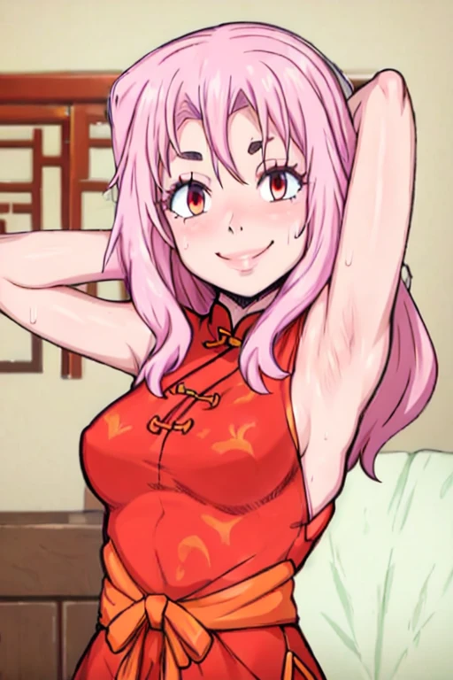 masterpiece, best quality, shuna, looking at viewer, small breasts, upper body, portrait, seductive smile, put your hands behind your head, armpits, armpits visible, sweaty armpits, wearing red chinese dress,