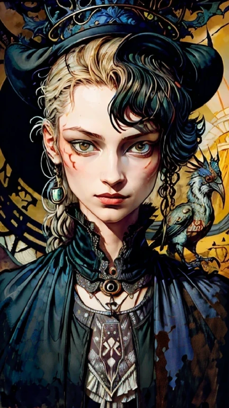 painting of a woman with a hat and a bird in the background, Abigail Larson, Portrait of a Bloody Hunter, Vania Zouravliov, Estilo de Dave McKean, arte transmitida pelo sangue, takato yamamoto aesthetic, O Homem-Areia Surreal de Neil Gaiman, Miguel Hussardo, por Kamisaka Sekka, inspirado em Dave McKean, Jamie Hewlett Arte, arte assustadora, arte surrealista, Best possible quality, unrealistic, drawing strokes, cabelo cacheado, verde, roupa de sobrevivente, olhos profundos, cor dos olhos cinza, olhos cinza, gray eyes,