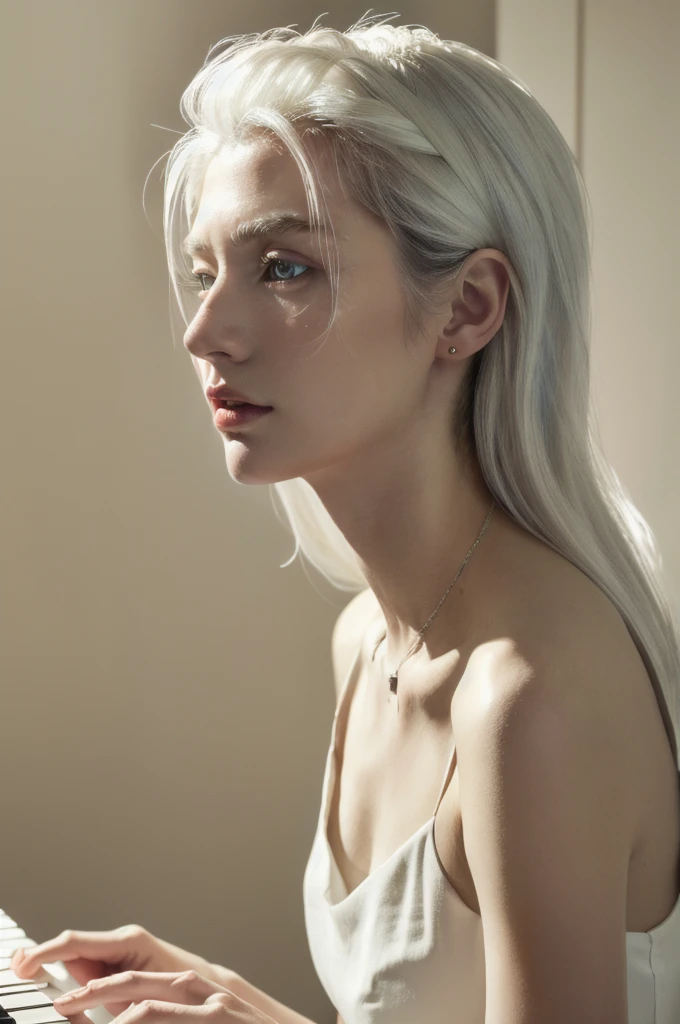 (masterpiece, top quality, best quality,8k, girl,ultra detailed,raw photo:1.5),(photorealistic:1.4),(cinematic lighting), PerfectNwsjMajic, , Surrealism, UHD, ccurate, Super detail, textured skin, High detail, Best quality, dynamic angle, (high nose,White skin),[Beautiful blue eyes],[flat chest:large breasts:0.5],(1girl),(good anatomy:0.5)), long hair, piano, instrument, black eyes, dress, white dress, white hair, looking at viewer, light particles, indoors, jewelry, sleeveless, bare shoulders, from side,perfect symmetrical body,layercut hairstyle