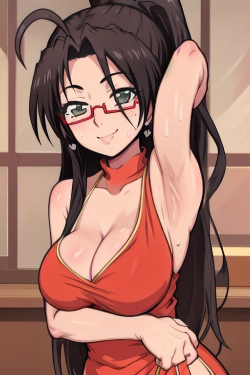 masterpiece, best quality, chisato hasegawa, looking at viewer, large breasts, upper body, portrait, seductive smile, put your hands behind your head, armpits, armpits visible, sweaty armpits, wearing red chinese dress, ponytail hair, wearing glasses