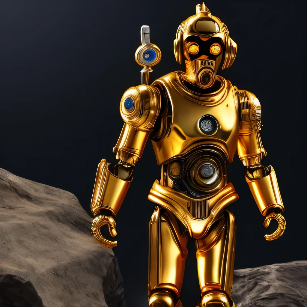 (((Maya)))there is a gold robot with a big hat on top of a rock, (45 degree viewing angle)small character. unreal engine 5, highly detailed textured 8 k, highly detailed textured 8k, rendered in redshift, super highly detailed,(armour) super detailed render, created in unreal engine 5, made in unreal engine 5, rendered in unreal engine 5, hyperdetailed fantasy character, sci-fi highly detailed,a close up of a toy figure of a robot with a scarf, c3po, gold sci - fi armour, the golden humanoid robot, the golden cat armor knight, sofubi, goblin, heavy gold obsidian armor, gold obsidian armor, super highly detailed, masterpiece fine details, full body close-up shot, 2023 8 k((1 little golden man))