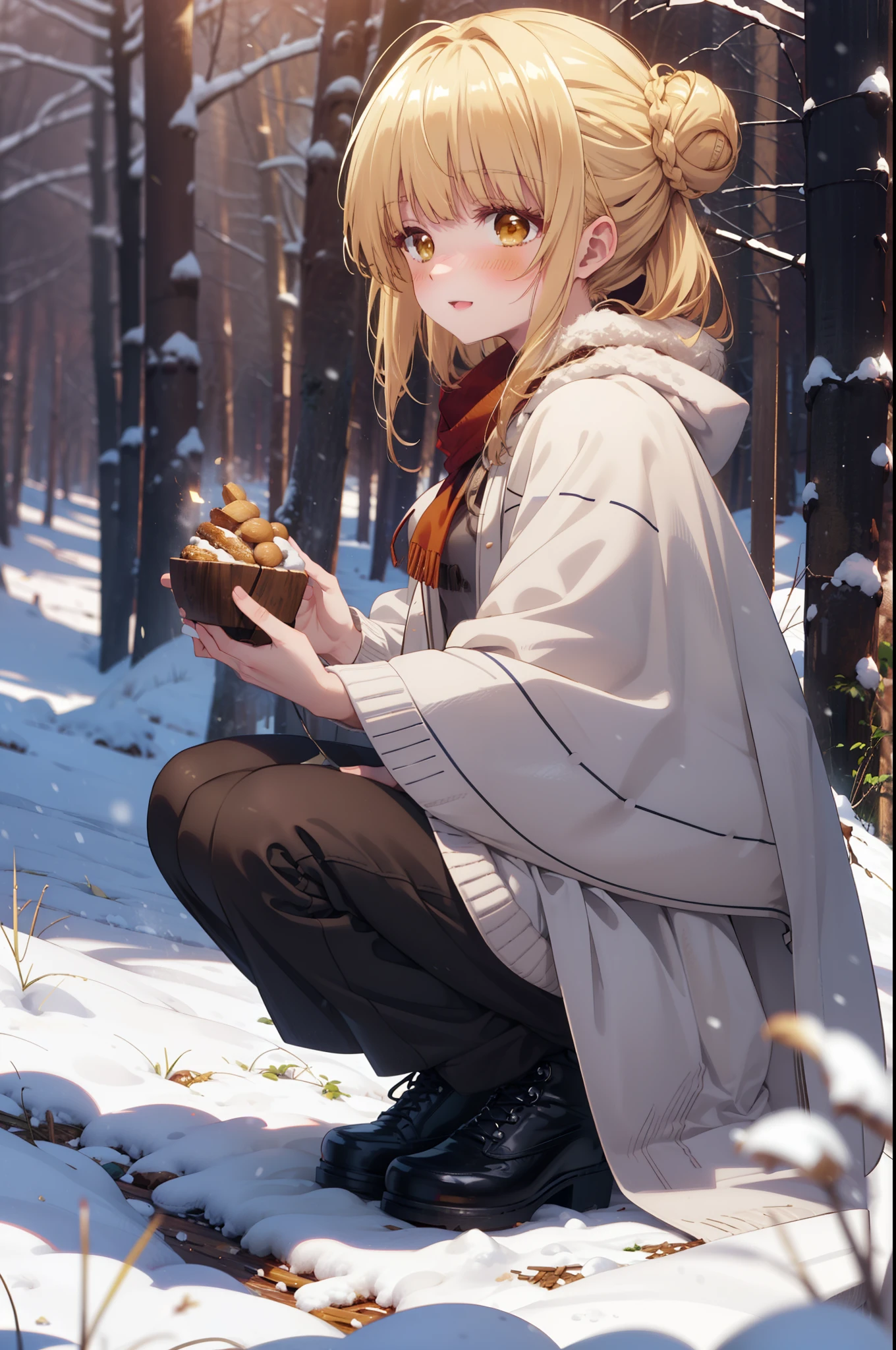 I am mahirushiina, Mahiru shiina, blonde, (Brown eyes:1.7), Long Hair, happy smile, smile, Open your mouth,Hair Bun, single Hair Bun,blush,White Breath,
Open your mouth,snow,Ground bonfire, Outdoor, boots, snowing, From the side, wood, suitcase, Cape, Blurred, Increase your meals, forest, White handbag, nature,  Squat, Mouth closed, フードed Cape, winter, Written boundary depth, Black shoes, red Cape break looking at viewer, Upper Body, whole body, break Outdoor, forest, nature, break (masterpiece:1.2), highest quality, High resolution, unity 8k wallpaper, (shape:0.8), (Beautiful and beautiful eyes:1.6), Highly detailed face, Perfect lighting, Highly detailed CG, (Perfect hands, Perfect Anatomy),