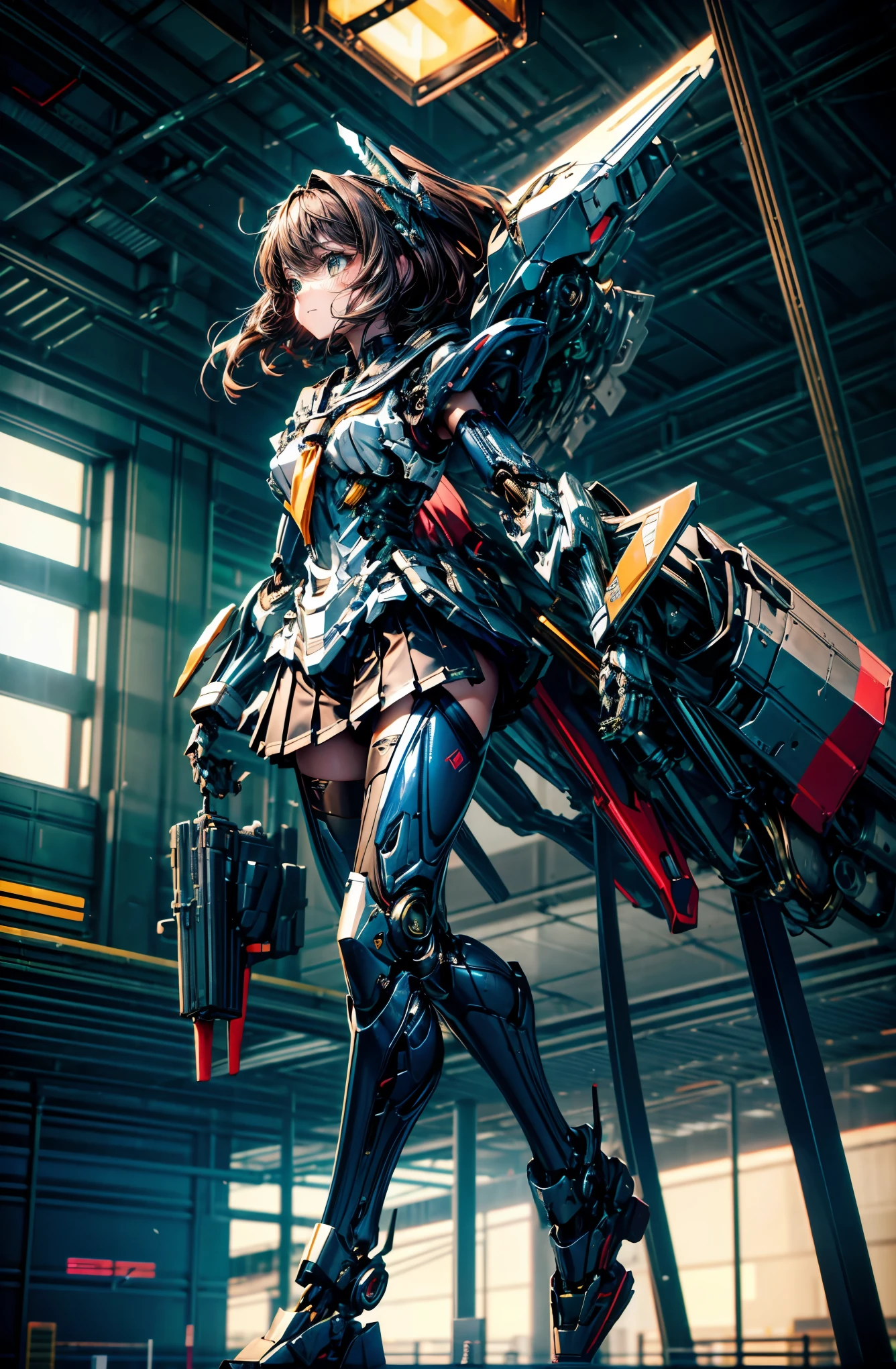 (masterpiece, top quality, best quality, official art, beautiful and aesthetic:1.0), (8k, best quality, masterpiece:1.2), (large breasts:1.2), long hair, black thighhighs, high heel, (microskirt:1.1), open clothes, garter belt, (mecha musume:1.4), (mechanical parts:1.7), tu-22 bomber,