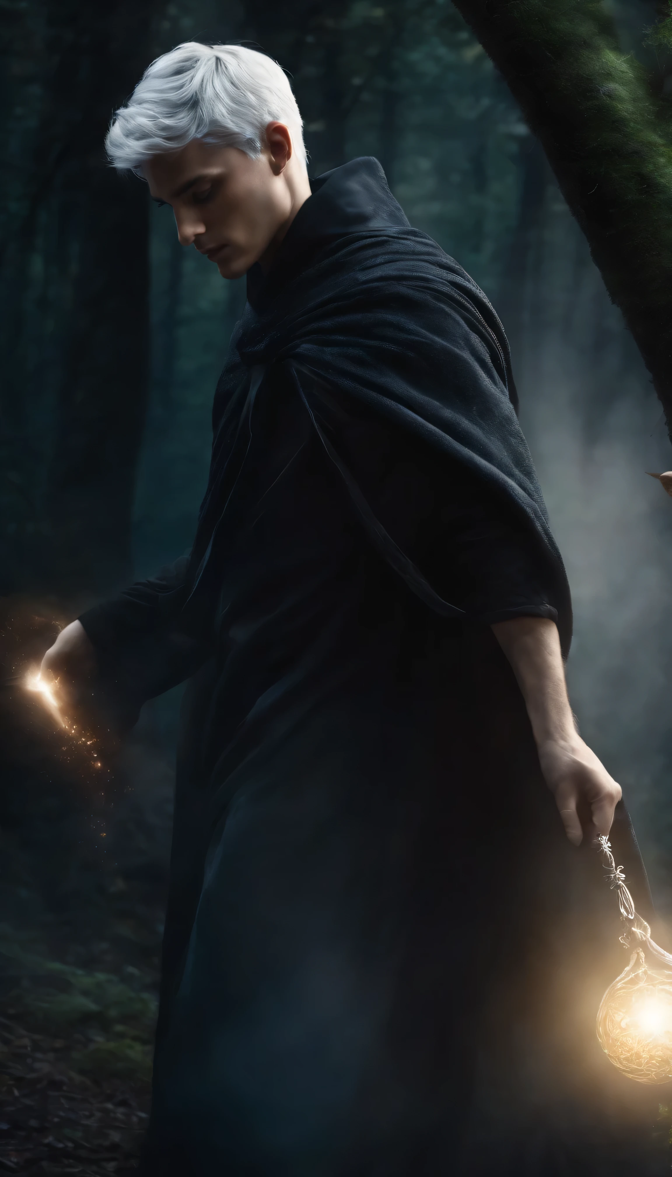 A young male wizard with black cloth with short grey hair from behind charging white aura from hia hand, in the forest background. Black cloth wizard.