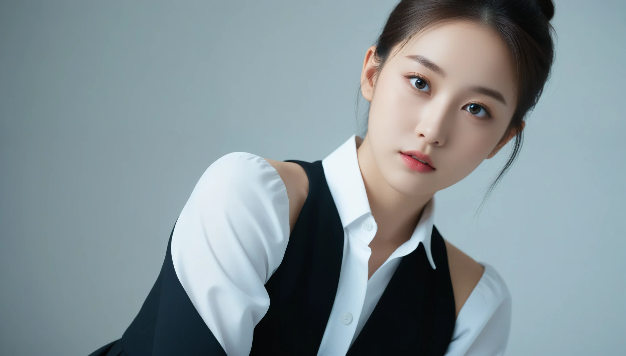 8K, Ultra-high resolution, highest quality, masterpiece, Surreal, photograph, 1 girl, (16 years old:1.3), pretty girl, Cute face, Beautiful eyes in every detail, black silk dress、intellectual,（((White button-up long shirt))）、フィルムポートレートphotograph撮影、One Girl、Bare shoulders,High ponytail、Calm、Esbian all over、(Realistic detailedd eyes、Natural skin texture、リアルな顔のdetailed)、Soft and dramatic lighting、Depth of written boundary、Vivid details、detailed、Surreal,Light and shadow,Strong light,Thin lips