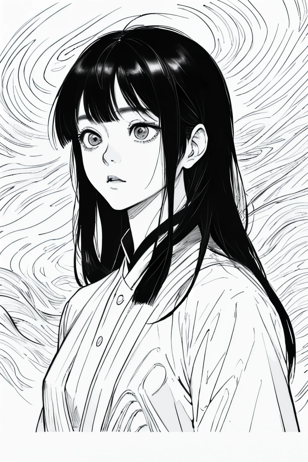 Long hair in women, black背景, sad, Expressionless, shot in the chest, Upper body close-up, rough Expressive lines, Expressive lines, dark lines, Dense lines, Strong line drawing, masterpiece, highest quality, Super quality, Very delicate and beautiful, horror manga, 白blackマンガ, black & draw with white line, Inspired by Junji Ito, Junji Ito's artistic style, Written by hand, Focus Character, Very fine,