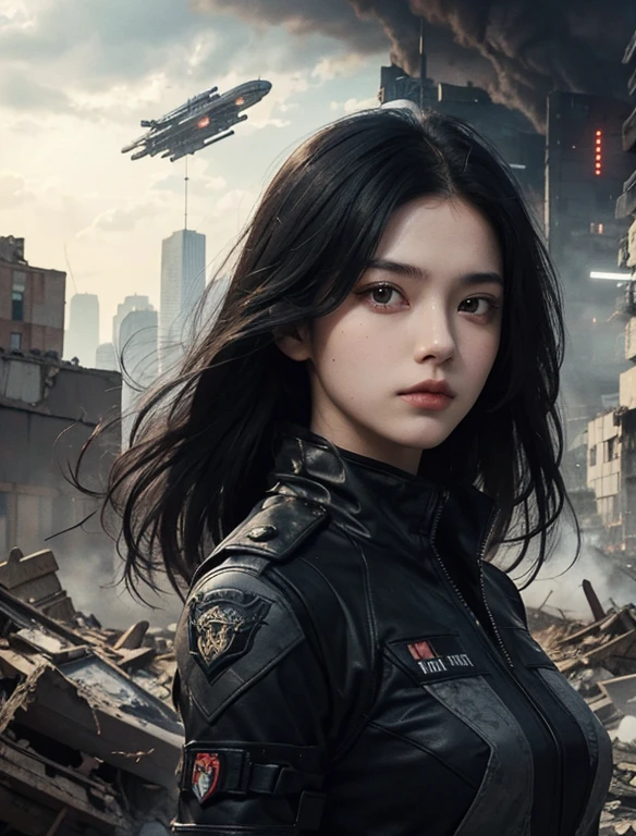 Beautiful woman looking at the camera with a serious expression. black hair. twenty years old. The woman is wearing a black metal combat uniform. In the background of the woman is a city that has been reduced to a pile of rubble... In that city, there is a small spaceship she came on..