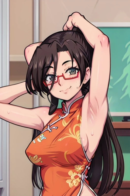 masterpiece, best quality, chisato hasegawa, looking at viewer, large breasts, upper body, portrait, seductive smile, put your hands behind your head, armpits, armpits visible, sweaty armpits, wearing red chinese dress, ponytail hair, wearing glasses