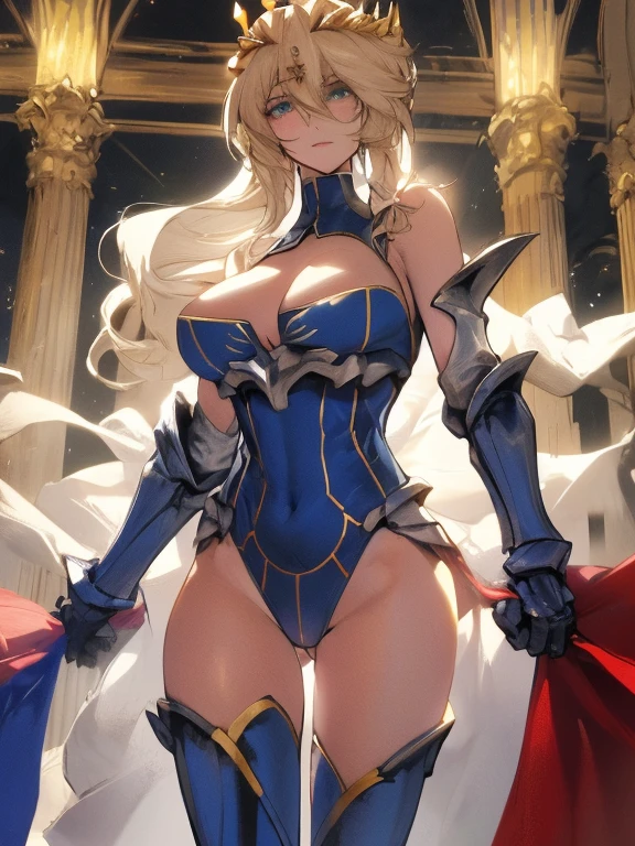 {{masterpiece}},{{best quality}},{{hyper detailed}},{{insanely detailed}},{{exquisite}},{{beautiful}},{{8K}},{{{perfect anatomy}}},{{official art}},{{super detailed skin}},{{illustration}},{{game cg}},{{realistic}},{{{{{ideal ratio body proportions}}}}},{{{perfect hands}}}, depth of field,{{{perspective}}}, indoors,{{{dark room}}},{{{deep shadows}}},{{in the Castle}},{{in the entrance hall, stairway}},{{{gloomy}}},{{{dark}}}, {{{Dark Lighting}}},{{{cinematic lighting}}},{{{faint light}}},{{{midnight}}}, moon,{{{night sky}}}, 1girl, solo, mature female, dynamic angle, looking at viewer, sexy pose, dynamic pose, standing,{{{open legs}}}, 1girl, Lancer Artoria, Artoria Pendragon(Lancer), fgo,{{pale skin}},{{shiny skin}}, tall, slender,{{{thicc}}},{{Gigantic Sagging breasts}}, huge breasts, narrow waste, wide hip,{{{thick tights}}}, sexy pose, dynamic pose, seductive smile, floating hair,green eyes,{{{skindantation}}}, braid, crown, turtleneck, cleavage cutout, sleeveless, blue leotard, elbow gloves, blue thighhighs, fur trim, red cape, gauntlets,