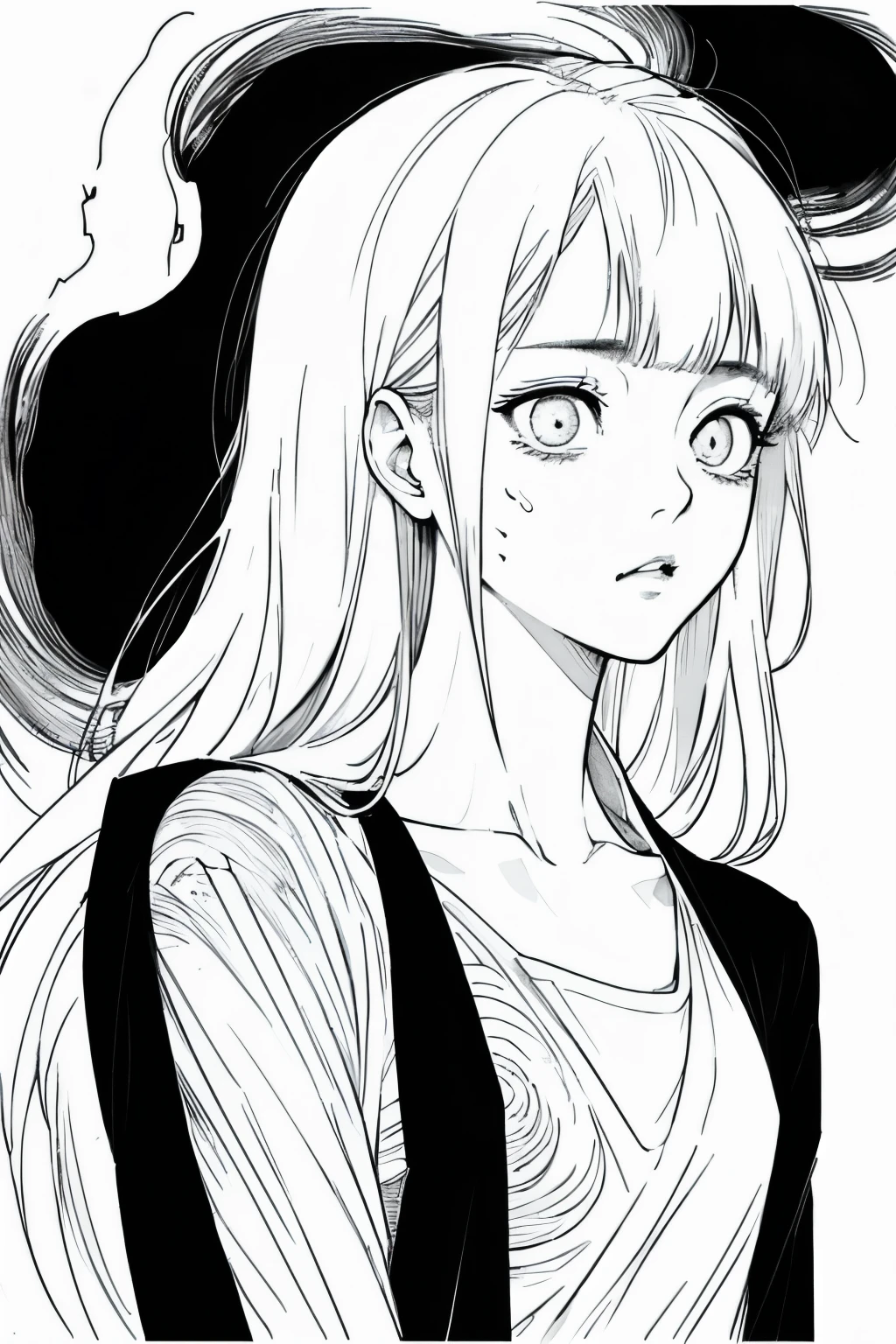 Long hair in women, black背景, sad, Expressionless, shot in the chest, Upper body close-up, rough Expressive lines, Expressive lines, dark lines, Dense lines, Strong line drawing, masterpiece, highest quality, Super quality, Very delicate and beautiful, horror manga, 白blackマンガ, black & draw with white line, Inspired by Junji Ito, Junji Ito's artistic style, Written by hand, Focus Character, Very fine,