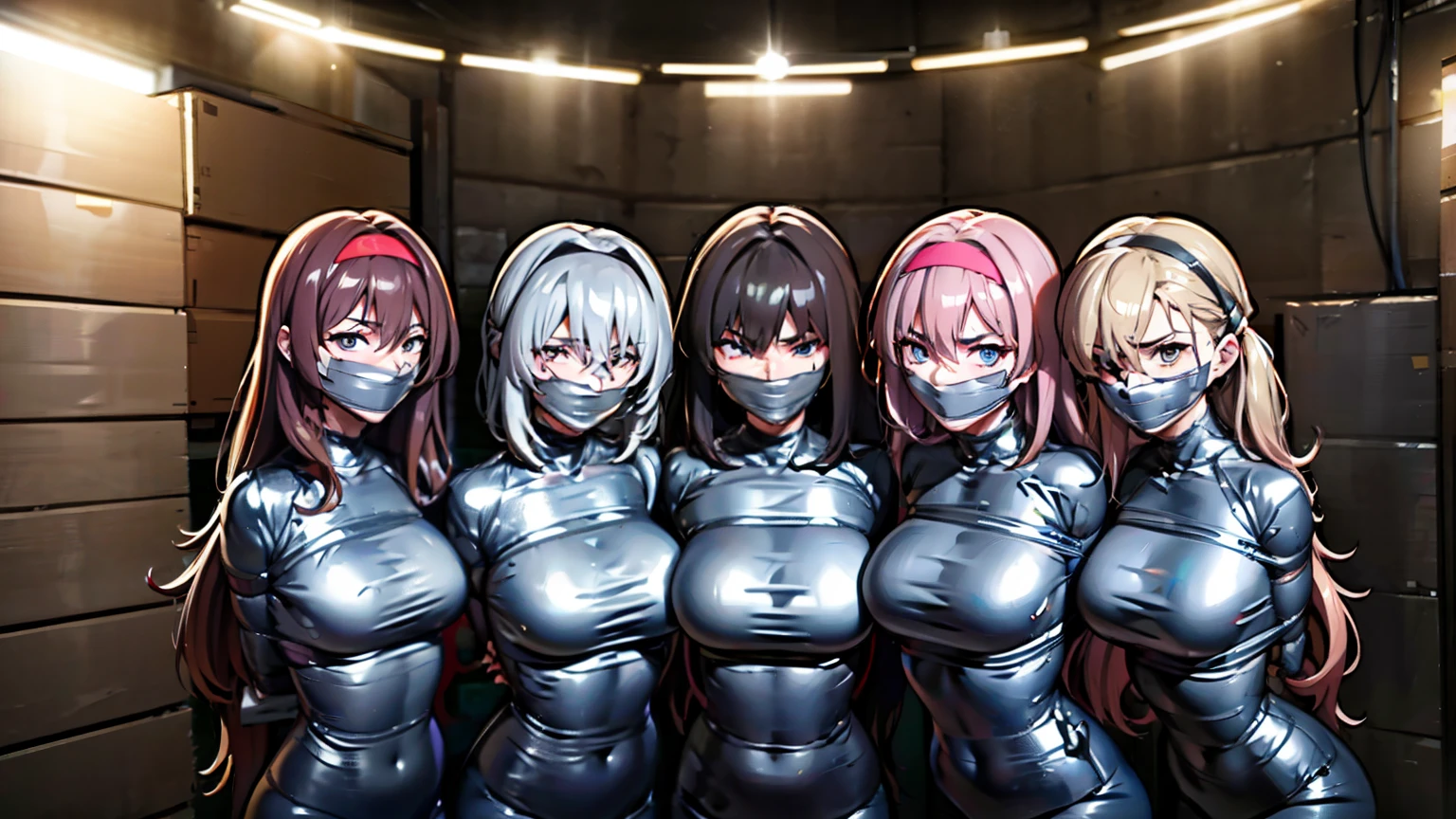  ((Imprisoned in a warehouse)), ((4 women)), duct tape, duct tape gagged, mummification, arms behind back, (Highly detailed CG Unity 8k), (highest quality)，(Very detailed)，(Ultra-high resolution), 16 years old, Black Hair, duct tape blindfold, mummified, ((Duct tape is used to restrain the whole body.:1.2)), blindfold, ((Cover the eyes completely with duct tape:1.2)), Hands tied behind back, 1人目はBlack Hairロングヘアー, The second person has brown hair and a bob cut., The third person has medium-long red hair., The fourth person is a silver-haired ponytail., BDSM, ((head band)), Four people huddle together, blindfold, 