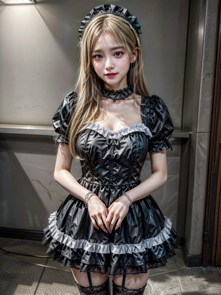 Accurate depiction with high resolution,(8K, Photorealistic, Raw photo, of the highest quality: 1.3), (1girl in), Super beautiful, (Realistic face), (boyish, Silver Color Berry Shorthair), Beautiful , Glare that captivates the viewer, Beautiful expression, Beautiful breasts, (Realistic skin), Be...Super high quality, super high definition, super detailed, masterpiece, 20years old, female, cute, perfect face, beautiful, nice body, gothic ta clothes, gothic loliashion, frilly skirt, headdress, necklace, bracelet, knee-high socks, boots, double eyelids, tear bags, Detailed down to the fingers, photo-like description, indoors, dim indoor lighting, blonde hair, semi long, standing, whole body, composition that shows the whole body, smiling