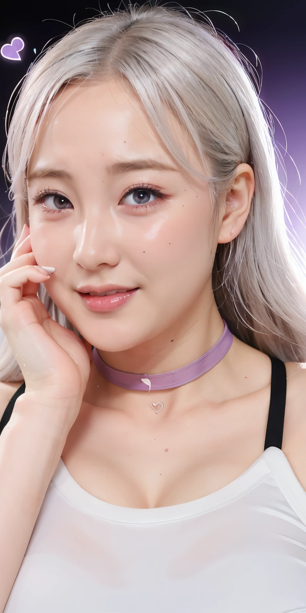 1girl,heart-shaped pupils,fingernails,hands on own face,white hair,purple eyes,(blush:1.1),choker,upper body,trembling,sweat,sweatdrop,heart,(speed lines:1.1),medium breasts, ((heavy breathing:1.3)), love, heart, crop top, happy, smile