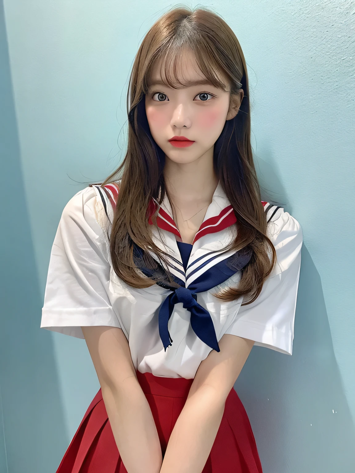 one person、14 years old、Full body photo、slender、woman、White drool coming out of the mouth、ponytail、Blonde、 Fair skin, messy hair, super cute、Soft and Face、8k resolution、Surreal、Ultra high definition、 A-cup small breasts((Highest resolution、8k、masterpiece:1.3))、Ultra-fine face、Ultra Fine Lips、Beautiful Eyes、double eyelid,Light blue wall、Red short-sleeved sailor suit:1.1、Yellow mini skirt、The underwear is slightly visible、Thighs、thin,Thighs are visible、Shapely small breasts、