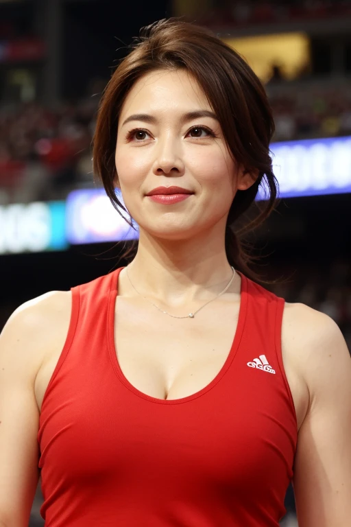 最high quality, 8k, Masseter muscle area, Lifelike, Sharp focus, high quality, High resolution, solo, Middle-aged women, Beautiful woman, 45 years old, Whole Body Ezbian, Highly detailed face, Highly detailed eyes, Thick lips, ((Look at the viewers)), Plump figure, Beautifully styled hair, Cleavage, Track and field uniforms, Afternoon at the Stadium