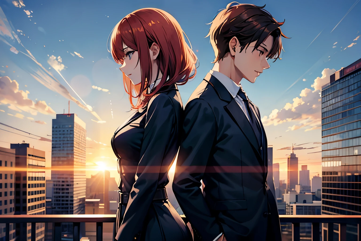 Sunrise building district Two men and women Back to Back Men in suits Women's office casual wear breast enhancement We don't hold hands another々Walk Away to