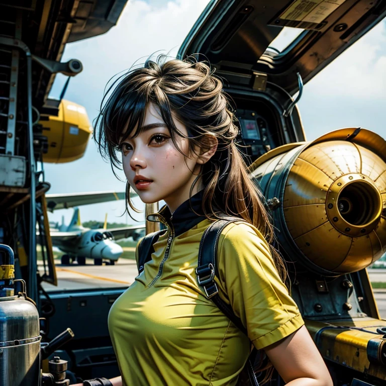 The story of one female aircraft mechanic。She is very attractive and beautiful。She is a beautiful woman who is so cute and sexy that it&#39;s hard to believe she&#39;s 32 years old.。I usually wear khaki green overalls at work.、Wearing brown leather boots, A narrow hangar with a low ceiling、((Right behind、A bright red reciprocating engine plane used for aerobatic flying is parked here.))。The aircraft is equipped with a single engine.、Equipped with a wooden propeller((It&#39;s a very beautiful mid-wing aircraft.。)), hot〜While saying、The girl took off her overalls from the top half.、The sleeves were wrapped around the waist.。Rui々Her beautiful skin and white tank top look very pretty.。A tight tank top accentuates her voluptuous cleavage。Tight abdominal muscles、You would never guess from her soft-looking breasts., When you notice this、He smiled at me while holding the wrench., Her sweat makes her sex appeal stand out even more., I was fascinated by the beautiful aircraft and the attractive women.。, Did you do any engine maintenance?、on her upper body、There is oil from the aircraft here and there.。,  Did he think I was looking at his chest?、He looks at me with a slightly grinning expression.。, Her chest is certainly captivating、It seems that there is a big misunderstanding.。, Even when she teases, her appearance is somehow seductive, so it&#39;s no wonder that everyone is captivated by her.。, Dynamic perspective,