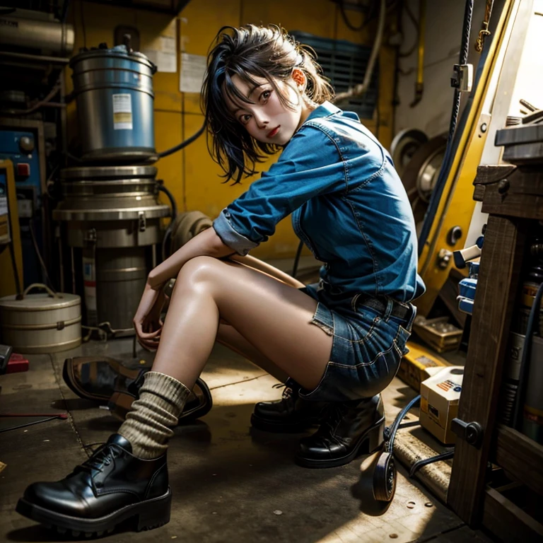The story of one female aircraft mechanic。She is very attractive and beautiful。She is a beautiful woman who is so cute and sexy that it's hard to believe she's 32 years old.。I usually wear khaki green overalls at work.、Wearing brown leather boots, A narrow hangar with a low ceiling、((Right behind、A bright red reciprocating engine plane used for aerobatic flying is parked here.))。The aircraft is equipped with a single engine.、Equipped with a wooden propeller((It's a very beautiful mid-wing aircraft.。)), hot〜While saying、The girl took off her overalls from the top half.、The sleeves were wrapped around the waist.。Rui々Her beautiful skin and white tank top look very pretty.。A tight tank top accentuates her voluptuous cleavage。Tight abdominal muscles、You would never guess from her soft-looking breasts., When you notice this、He smiled at me while holding the wrench., Her sweat makes her sex appeal stand out even more., I was fascinated by the beautiful aircraft and the attractive women.。, Did you do any engine maintenance?、on her upper body、There is oil from the aircraft here and there.。, Did he think I was looking at his chest?、He looks at me with a slightly grinning expression.。, Her chest is certainly captivating、It seems that there is a big misunderstanding.。, Even when she teases, her appearance is somehow seductive, so it's no wonder that everyone is captivated by her.。, Dynamic perspective,
