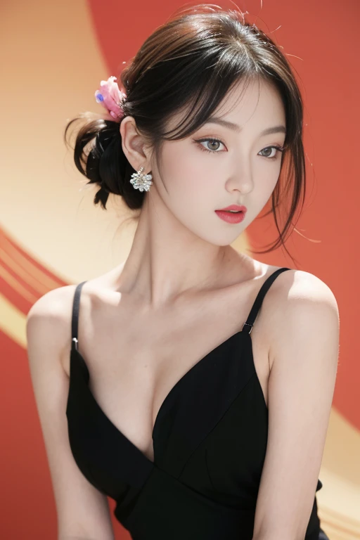 tsuruta ichiro, Narrow-eyed, 1girl in, Allback、deadpan、short-hair、shorth hair、brow、Reluctance、A dark-haired、Tucked Hair Solo, Cowgirl, Onepiece, ((mideum breasts)), Thin slit eyes、Black eyes, Light shines on the eyes、Black hair, gloves, Dress, Luxurious Jewelry, earrings, sharp eye、 elbow groves,Raise your hands and tie your hair back, random color, random color dress, Makeup for long eyes, Slender eyes、lip stick, Complex petal pattern, Rim Light, Back Light, pastel color,Studio Lighting