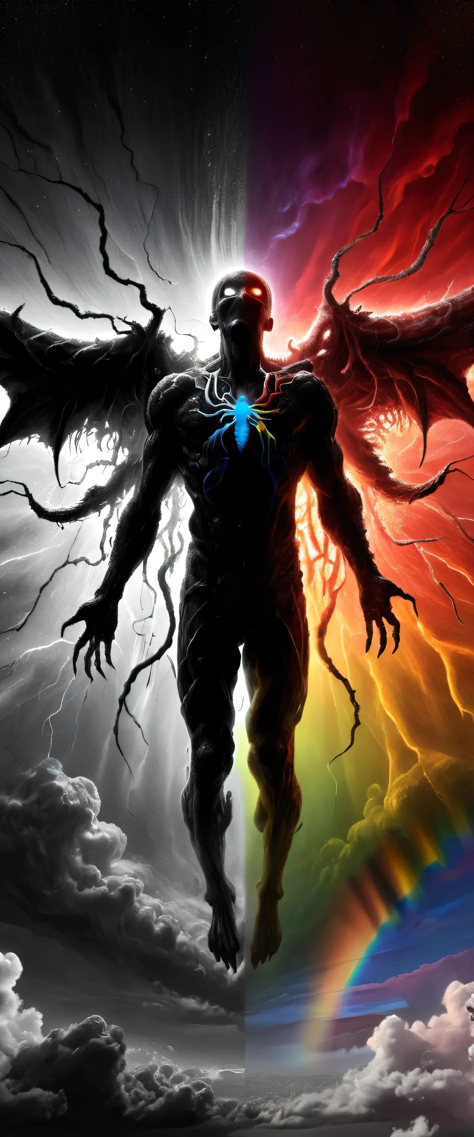 1man, Hellwalker, incombing death, hell, oozing thick rainbow blood, (male body:1.3), (((in milky way, vascular networks growing, connecting, explanding, rainbow veins everywhere))), zdzislaw beksinski, (Divine body:1.1), (satanic symbols:1.1), (Infrared:1.2), ultra detailed, intricate, oil on canvas, ((realistic, ultra sharp)), (surrealism:1.1), (disturbing:1.2), beksinski style painting, satanic cross, (full torso), full body in frame, centered body, (male:1.2), realistic, ((intricate details)), (pale gothic evil king), dynamic pose, perfect face, perfect eyes, ((dark gothic background)), sharp focus, rainbow bloody veins growing and intertwining out of the darkness, oozing thick neon rainbow blood, veins growing and pumping blood, neon spider web, nailed wire, (rainbow skin:1.7), Hypercube, sparks, lensflare, satanic cross, man body, muscular, (venom costume, venom suit:1.2), centered body, symmetrical, satanic cross, antichrist, inverted cross, hdr, shattered universe, hell on earth, hell halo, fire halo, spine halo, walking, running pose, blood on face, ultra realistic, eye blood, the death of a population, dread, unknowan fear, enormous beings, glowing rainbow teeth, glowing mouth, nuclear explosion, (masterpiece, realistic painting), glowing neon lines, the fear of Cthulhu, realistic photography, ultra realistic, biomechinical, biomachines, ((hnsrdlf style)), detailed reflections, dark atmosphere, gothic art, realistic blood, realistic reflections, RTX graphic, ultra detailed, detailed sky, best quality, high resolution, extremely detailed, detailed background, perfect lighting, (colorful, vivid color:1.4), glowing border, symmetric, (electronic aura:0.9), (satanic pentagram:1.1), biomechinical, biomachines, (demon, demon wings, open arms, welcoming arms), falling meteorite, exploding sun