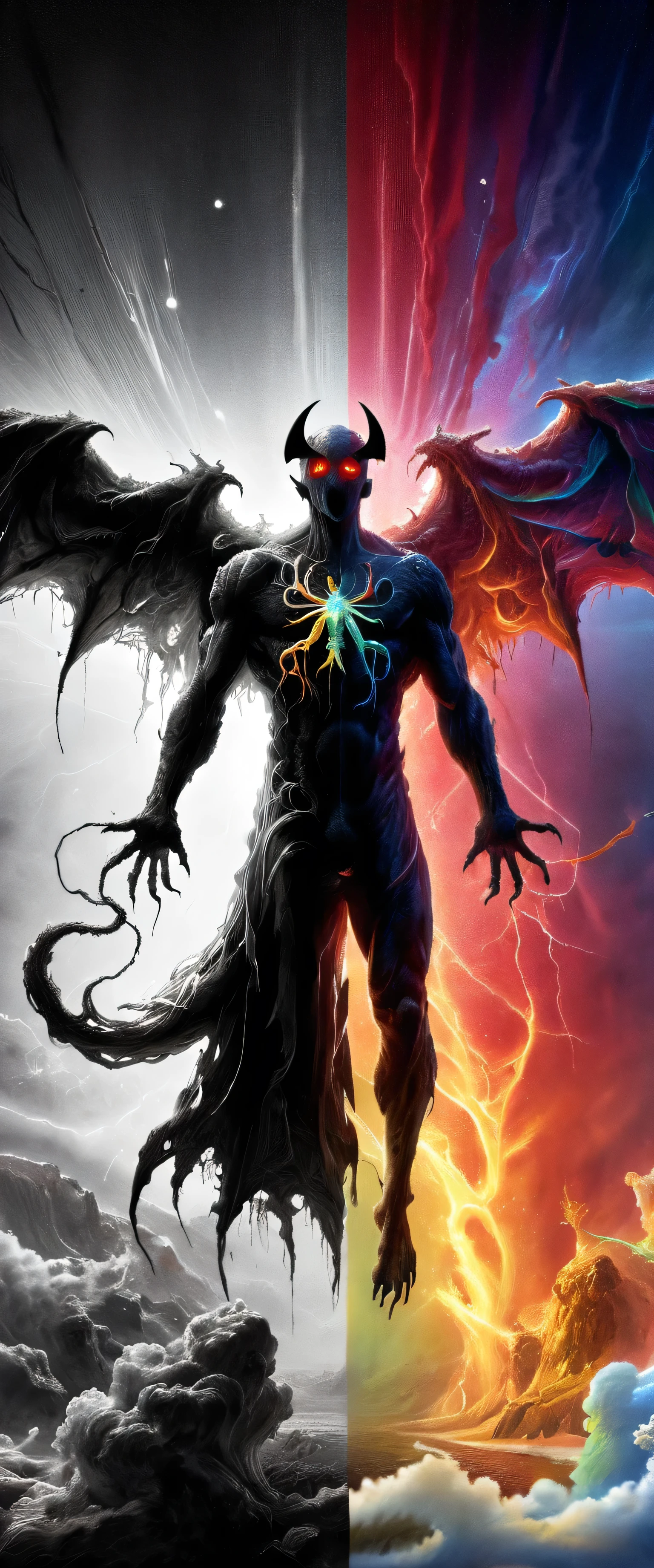 1man, Hellwalker, incombing death, hell, oozing thick rainbow blood, (male body:1.3), (((in milky way, vascular networks growing, connecting, explanding, rainbow veins everywhere))), zdzislaw beksinski, (Divine body:1.1), (satanic symbols:1.1), (Infrared:1.2), ultra detailed, intricate, oil on canvas, ((realistic, ultra sharp)), (surrealism:1.1), (disturbing:1.2), beksinski style painting, satanic cross, (full torso), full body in frame, centered body, (male:1.2), realistic, ((intricate details)), (pale gothic evil king), dynamic pose, perfect face, perfect eyes, ((dark gothic background)), sharp focus, rainbow bloody veins growing and intertwining out of the darkness, oozing thick neon rainbow blood, veins growing and pumping blood, neon spider web, nailed wire, (rainbow skin:1.7), Hypercube, sparks, lensflare, satanic cross, man body, muscular, (venom costume, venom suit:1.2), centered body, symmetrical, satanic cross, antichrist, inverted cross, hdr, shattered universe, hell on earth, hell halo, fire halo, spine halo, walking, running pose, blood on face, ultra realistic, eye blood, the death of a population, dread, unknowan fear, enormous beings, glowing rainbow teeth, glowing mouth, nuclear explosion, (masterpiece, realistic painting), glowing neon lines, the fear of Cthulhu, realistic photography, ultra realistic, biomechinical, biomachines, ((hnsrdlf style)), detailed reflections, dark atmosphere, gothic art, realistic blood, realistic reflections, RTX graphic, ultra detailed, detailed sky, best quality, high resolution, extremely detailed, detailed background, perfect lighting, (colorful, vivid color:1.4), glowing border, symmetric, (electronic aura:0.9), (satanic pentagram:1.1), biomechinical, biomachines, (demon, demon wings, open arms, welcoming arms), falling meteorite, exploding sun