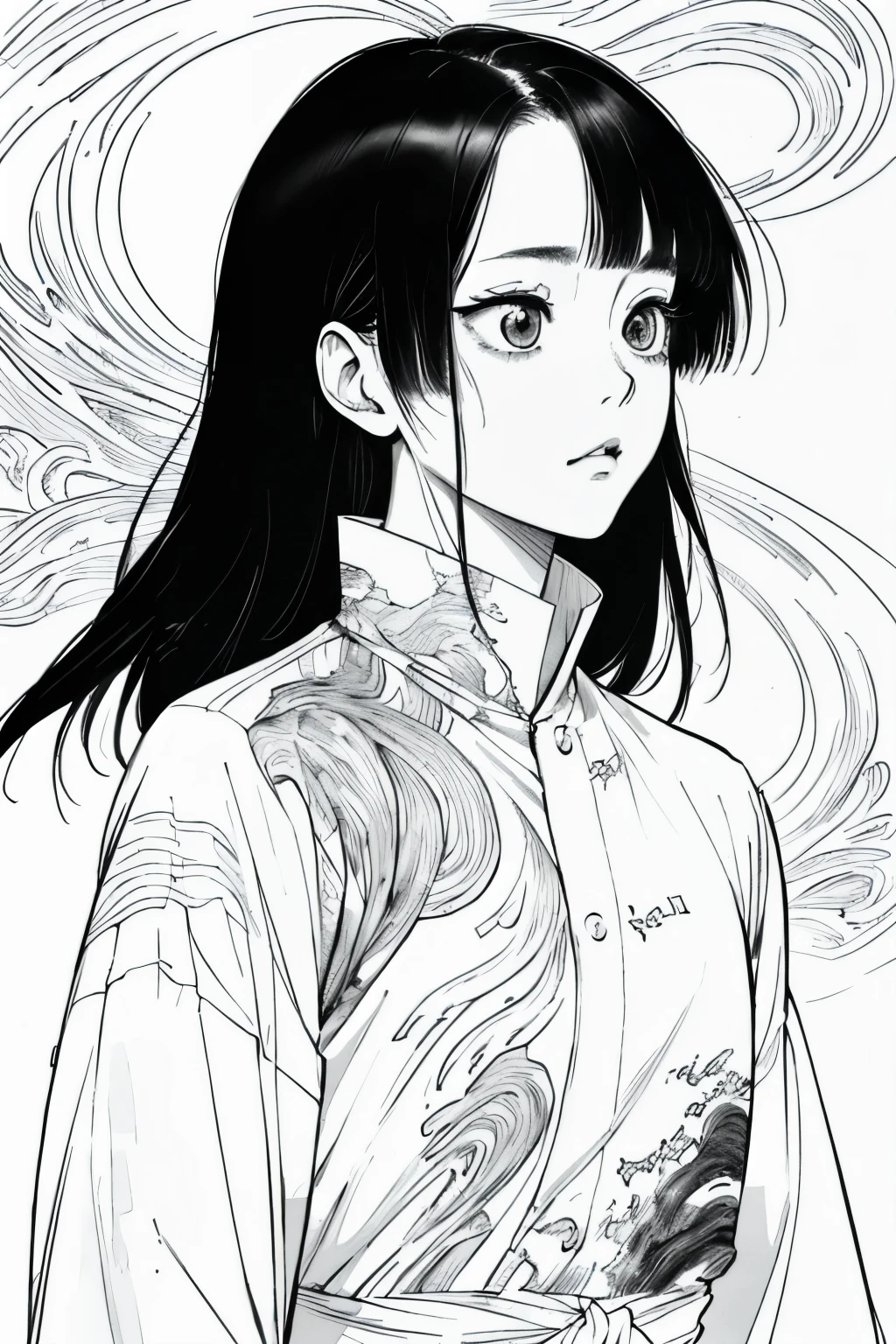 Long hair in women, black背景, sad, Expressionless, shot in the chest, Upper body close-up, rough Expressive lines, Expressive lines, dark lines, Dense lines, Strong line drawing, masterpiece, highest quality, Super quality, Very delicate and beautiful, horror manga, 白blackマンガ, black & draw with white line, Inspired by Junji Ito, Junji Ito's artistic style, Written by hand, Focus Character, Very fine,