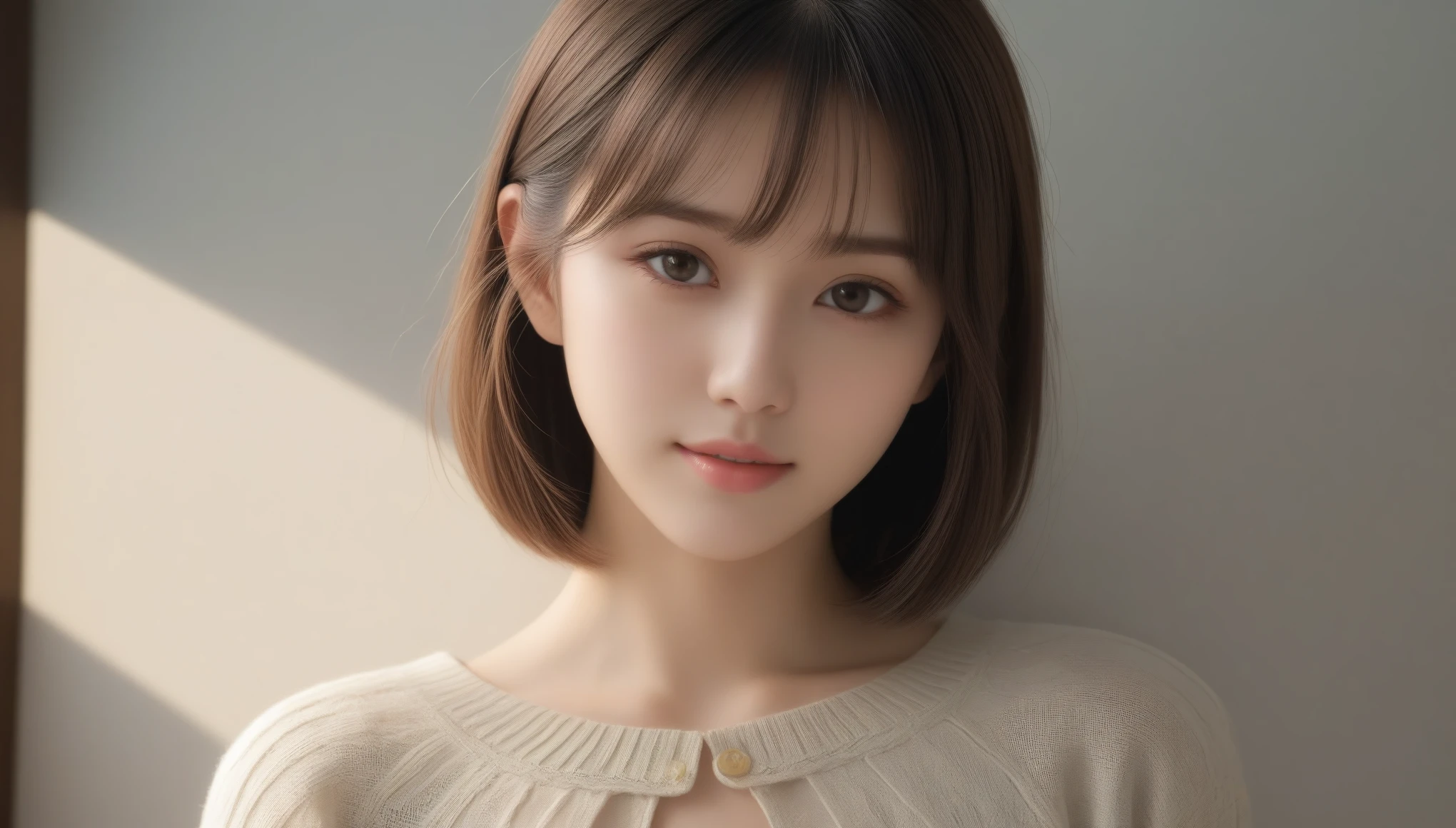 8K, 超High resolution, highest quality, masterpiece, Surreal, photograph,Three-part method, 1 girl, (************:1.3), pretty girl, Cute face, Beautiful eyes in every detail,Japan Female Announcer,(masterpiece, highest quality, 非常にdetailedな, Best Shadow:1.2), High resolution, ((Cinematic Light)), Hyper Detail, Dramatic Light, 複雑なdetailed, Dynamic Angle, (非常にdetailedな CG ユニティ 8k 壁紙:1.2), Shyness, ((masterpiece)), (非常にdetailedな), (非常にdetailedなUnity 8k壁紙), (Realistic Skin), (リアルなphotograph, Realistic, photographのようにリアル), Beautiful Japanese Women, (Knit dress:1.4), Beautiful Hair,Brown Hair, short hair,Beautiful Face, Delicate and beautiful eyes, smile,Beautiful feet, See through,Cowboy Shot、((Thin legs))、Bold Pose,super cute super model、Please look closely at the camera 、Vivid details、detailed、Surreal、Light and shadow,Strong light,Fashion magazine cover,Thin lips