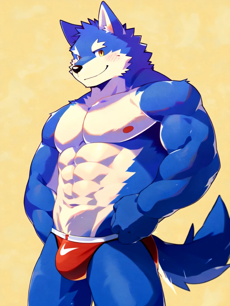 male wolf, cute face, kemono, (blue wolf), naked, smile, thong, sexy, thick, simple background, high res, best quality, masterpiece