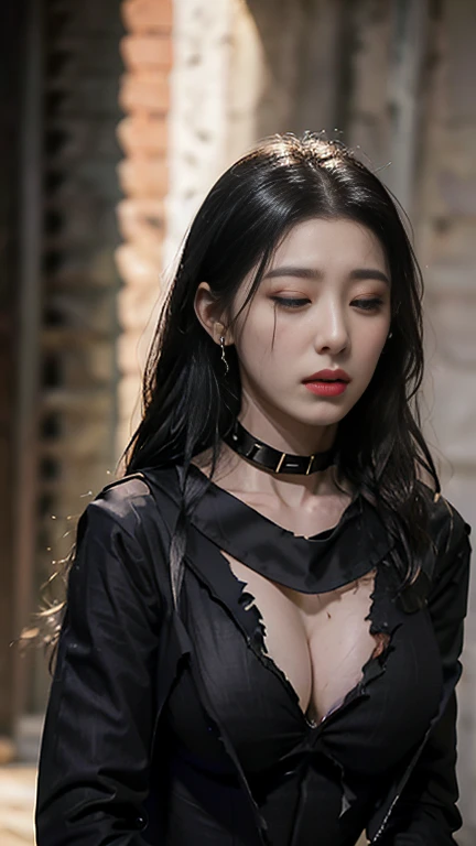 middle eastern women，20 years old，(Pale skin）,necklace，(black collar:1.6) ,earrings 、Deep sadness、sorrow、Red lips open . close your eyes deeply. Feeling very painful expression,masterpiece，original photo，best quality，detail：1.2），,endless realism，High-granularity CG integration 8k， Full body image:1.5 (Sweat)(Sexy pose),Perfect body  (sexy dress,Have deep cleavage,The material is very thin:1.3) tied up with ropes or chains:1.5 (Clothes are torn:1.8) (Bust size is at least 36f:1.8) 