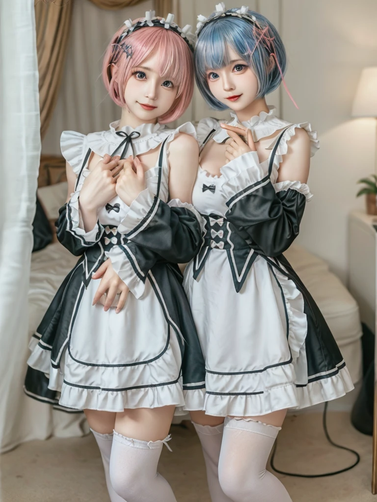 Accurate depiction with high resolution,(8K, Photorealistic, Raw photo, of the highest quality: 1.3), (1girl in), Super beautiful, (Realistic face), (boyish, pink Color Berry Shorthair), Beautiful , Glare that captivates the viewer, Beautiful expression, Beautiful breasts, (Realistic skin), Be...Create a detailed and colorful image of Ram and Rem from Re:Zero, standing back-to-back in their maid outfits, with a magical fantasy background、14years old, two girls,cute, perfect face, beautiful, nice body, gothic lolita clothes, gothic lolita fashion, frilly skirt, headdress, necklace, bracelet, knee-high socks, boots, double eyelids, tear bags, Detailed down to the fingers, photo-like description, indoors, dim indoor lighting, one girl is pink hair and short bob, another girl is light blue hair and short bob,standing,whole body, composition that shows the whole body, smiling,The Both of them are wearing the same type of maid outfit,Optimal ratio of 4 fingers and 1 thumb