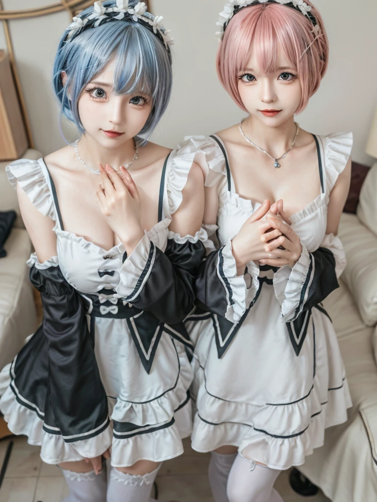 Accurate depiction with high resolution,(8K, Photorealistic, Raw photo, of the highest quality: 1.3), (1girl in), Super beautiful, (Realistic face), (boyish, pink Color Berry Shorthair), Beautiful , Glare that captivates the viewer, Beautiful expression, Beautiful breasts, (Realistic skin), Be...Create a detailed and colorful image of Ram and Rem from Re:Zero, standing back-to-back in their maid outfits, with a magical fantasy background、14years old, two girls,cute, perfect face, beautiful, nice body, gothic lolita clothes, gothic lolita fashion, frilly skirt, headdress, necklace, bracelet, knee-high socks, boots, double eyelids, tear bags, Detailed down to the fingers, photo-like description, indoors, dim indoor lighting, one girl is pink hair and short bob, another girl is light blue hair and short bob,standing,whole body, composition that shows the whole body, smiling,The Both of them are wearing the same type of maid outfit,Optimal ratio of 4 fingers and 1 thumb
