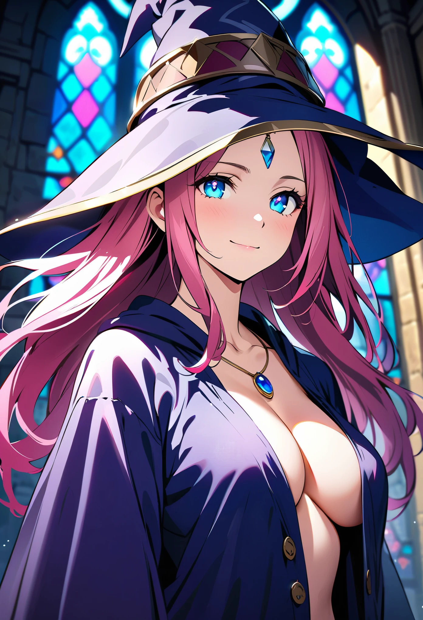 (Top image quality)，2023 Animation，Top animation quality，High-resolution details，Detailed wallpaper，(masterpiece)，(medium view), solo，A woman，upper body，Real style hair，Pink long hair，Exposed forehead，Realistic style eyes，Clear blue pupils，Beauty，light smile，Crystal color decoration，(Wearing only loose wizard robes with golden edges)，(Button up your robe)，Witch hat，Necklace made of colorful gemstones，large breast，Cleavage，Depth of Field，blur background，(Medieval temple background)，Stained glass windows，tapestry，Background Light，cinematic light，[Halo]