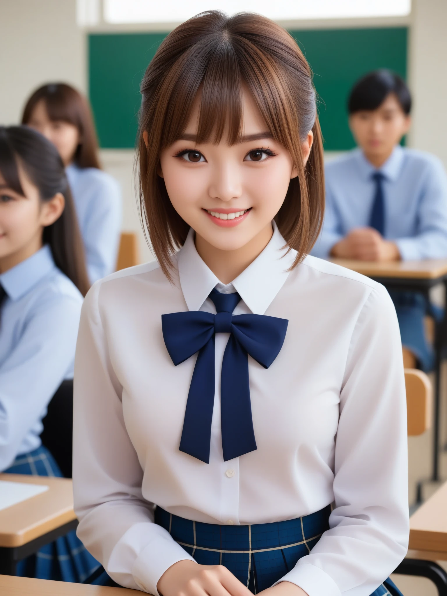 product quality, 1girl, upper body shot, front view, a Japanese young pretty girl, 18 years old, short hair, taking a class with a big smile in a crowded classroom of a high school, glamorous figure, busty, wearing a white collared shirt of long sleeves, plain dark blue bow tie, dark blue tartan plaid pleated skirt, hyper cute face, glossy lips, double eyelids in both eyes, natural makeup, long eyelashes, shiny smooth light brown hair, asymmetrical bangs, fair skin, central image, high resolution, high detail, detailed hairstyle, detailed face, spectacular cinematic lighting, octane rendering, vibrant, hyper realistic, perfect limbs, perfect anatomy