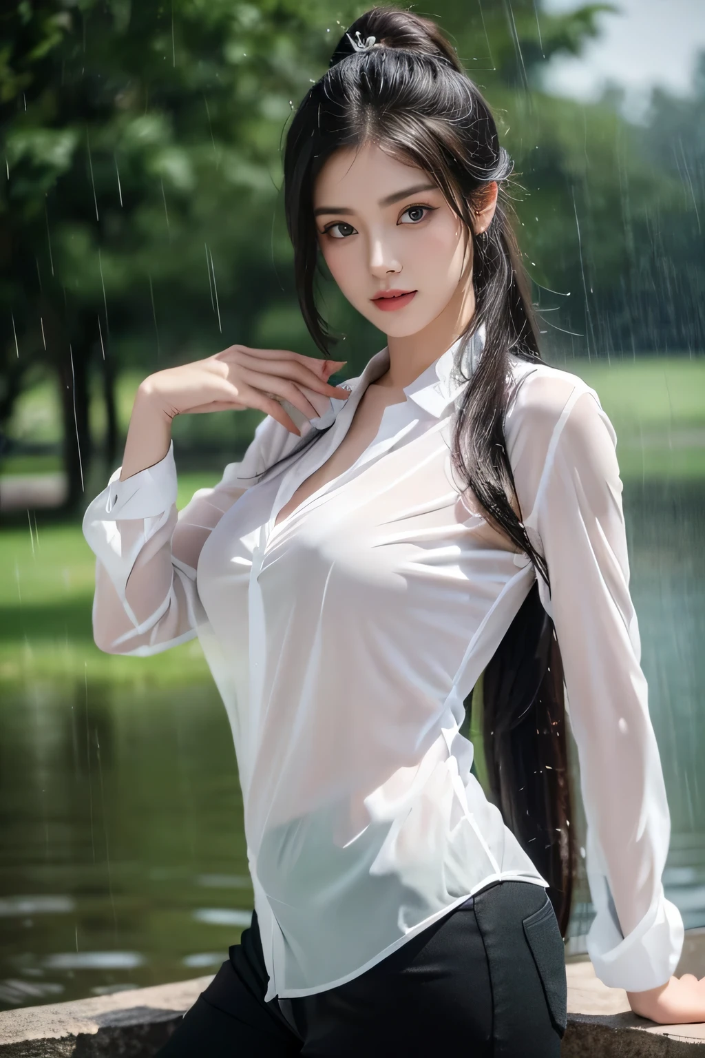 Masterpiece,best quality best,High resolution,8k,(Portrait),(Close-up of the avatar),(RAW photos),Real photos,digital photography,(bedroom woman),20 year old girl,Long ponytail hairstyle,smoothly,(black blonde hair),(green eyes),Serious and charming,Big, plump breasts,rift,(work clothes),shut your mouth,elegant and charming,Serious and arrogant,Calm and handsome,(female president),Posing for pictures,(Let it be soaked with rain.),Realistic style,gray earth background,oc render reflection textures