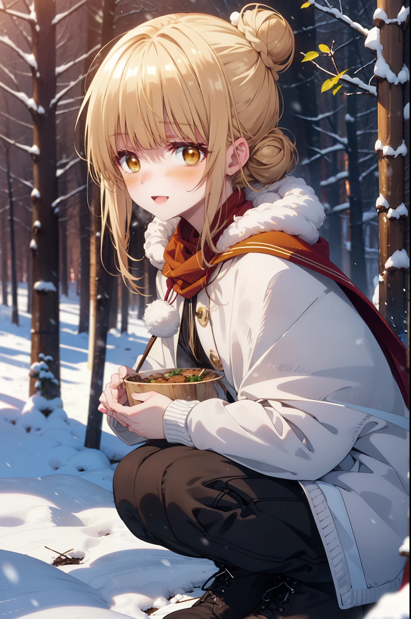 I am mahirushiina, Mahiru shiina, blonde, (Brown eyes:1.7), Long Hair, happy smile, smile, Open your mouth,Hair Bun, single Hair Bun,blush,White Breath,
Open your mouth,snow,Ground bonfire, Outdoor, boots, snowing, From the side, wood, suitcase, Cape, Blurred, Increase your meals, forest, White handbag, nature,  Squat, Mouth closed, フードed Cape, winter, Written boundary depth, Black shoes, red Cape break looking at viewer, Upper Body, whole body, break Outdoor, forest, nature, break (masterpiece:1.2), highest quality, High resolution, unity 8k wallpaper, (shape:0.8), (Beautiful and beautiful eyes:1.6), Highly detailed face, Perfect lighting, Highly detailed CG, (Perfect hands, Perfect Anatomy),