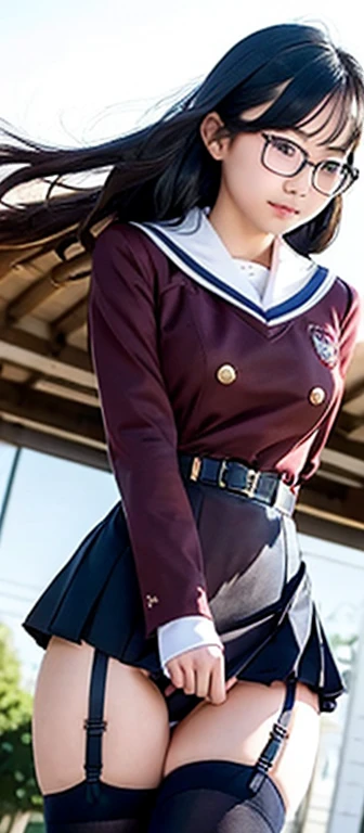 high quality、masterpiece、high school girl、Two Japanese women、19 years old、Over the knee socks、Hime cut、garter belt、Low Angle、The wind blows and my skirt flutters、Very sensitive skin、Fair skin、A dynamic pose、Young Face、Slim figure、(Glasses)、No sleeve、Camel Toe,Clearly visible