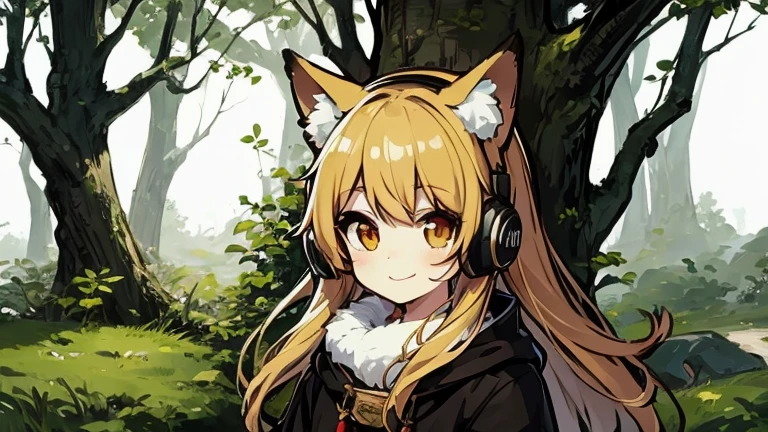 cute、Fox Girl、in the forest、smile、headphone