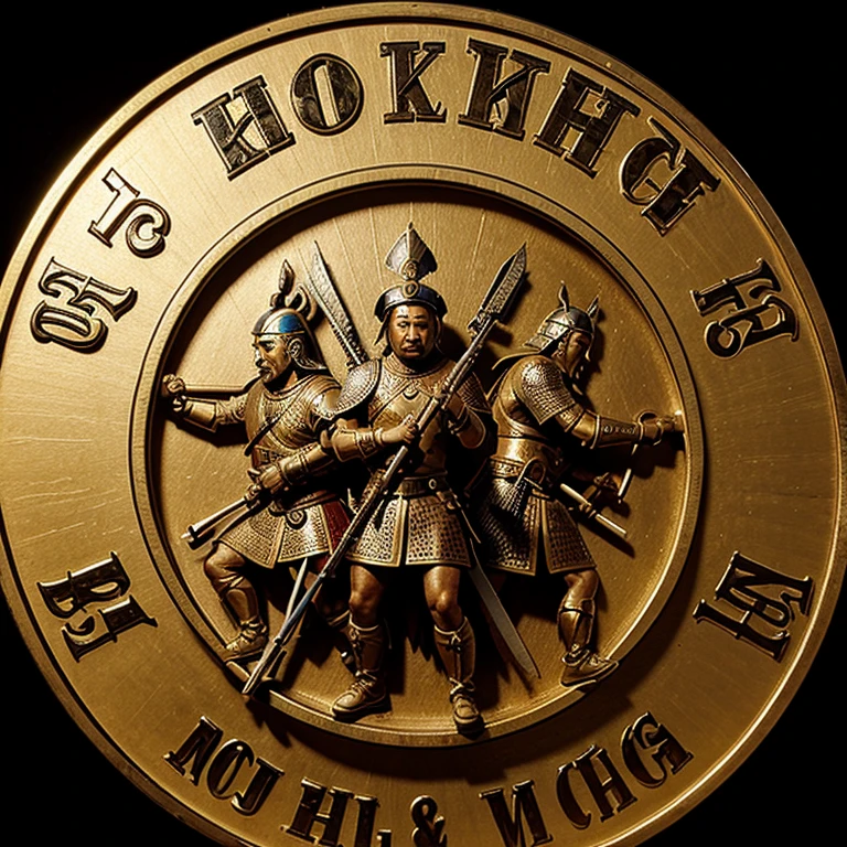 A badge depicting mongol warriors killing a god