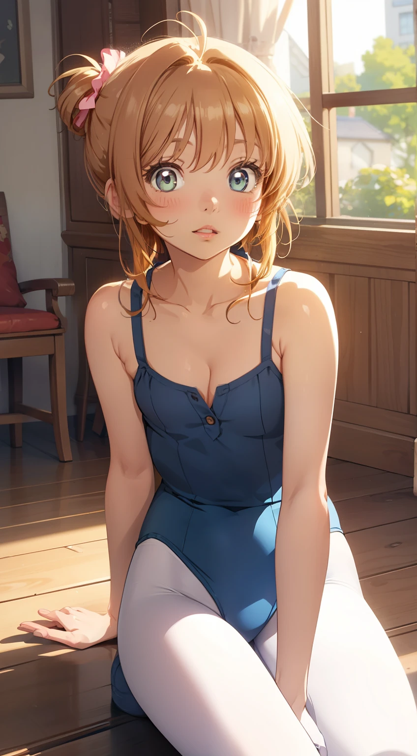 masterpiece, highest quality, High resolution, Perfect Pixel, Depth of written boundary, One girl, single, alone, Beautiful Anime Girls, Beautiful art style, (Detailed face), (blush), Anime CG Style, (Medium chest), Good lighting, Perfect body, Lips parted, (sakura kinomoto), Glossy Lips, Cleavage, (ballerina), Sleeveless leotard, (cold), pantyhose, (Sitting), (Bent knees:1.2), Wooden floor