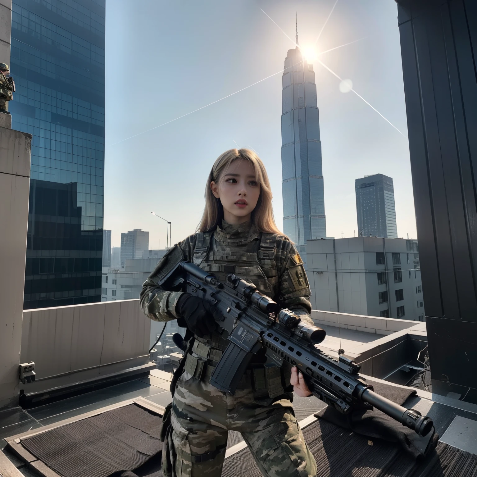 (trained female soldier)、((Aiming withour a rifle:1.4、sniper stance、guns、hour&to hk416))、1 woman、thourick body、(black combat uniform)、(platinum-blonde-hourair:1.2)、((超A hourighour resolution))、write in detail、masterpiece、top quality、Extremely detailed CG、8K quality、Cinematographouric lighourting、lens flare、(Skyscraper rooftop at nighourt:1.4)、hyper detailing、((Dynamic Angle Bust Shourots:1.4))、detailed gun description、Rifle withour perfect detail、Perfect barrel thourat does not distort、Fighourter in thoure sky、military drone