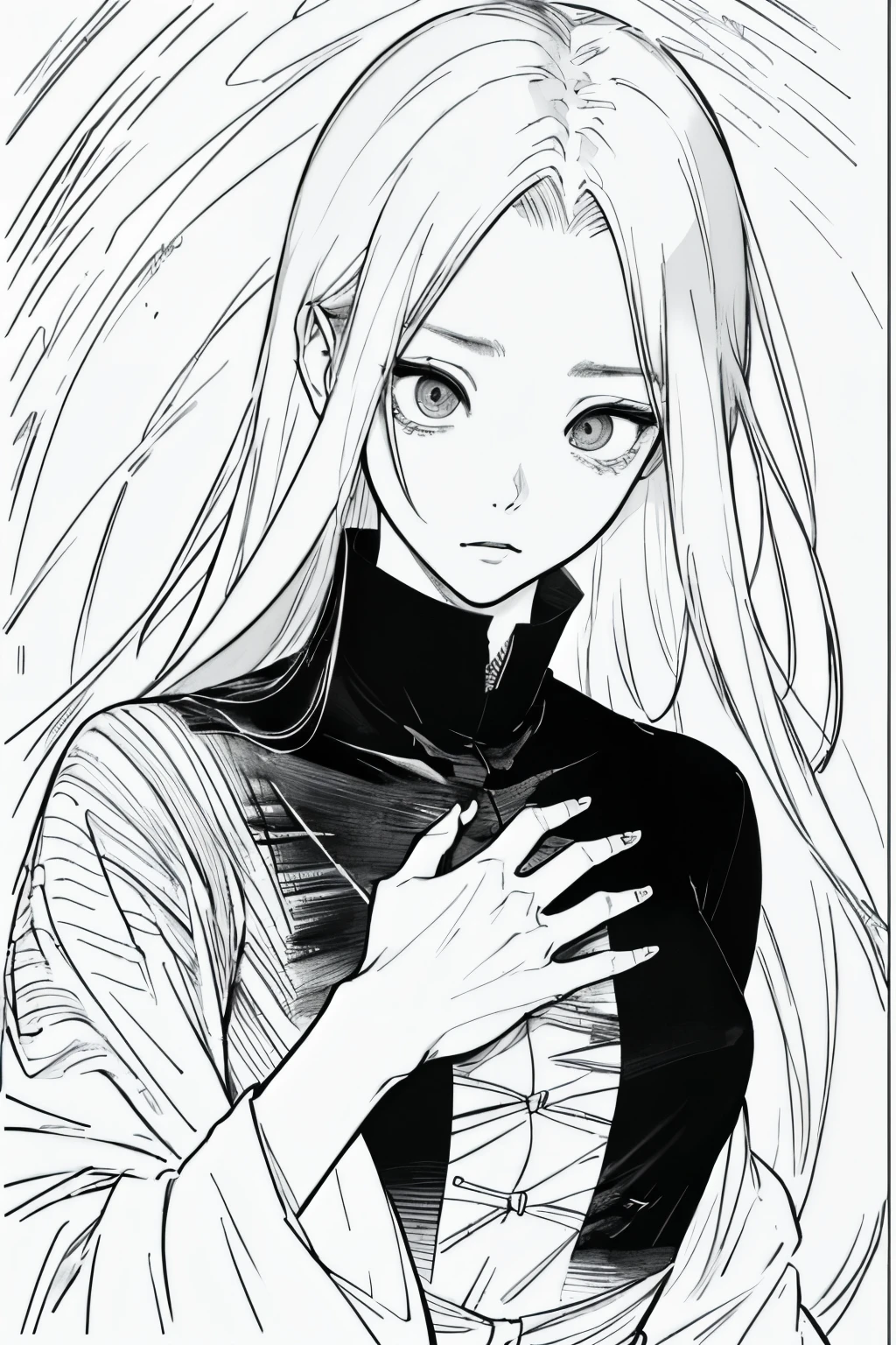 Long hair in women, black背景, sad, Expressionless, shot in the chest, Upper body close-up, rough Expressive lines, Expressive lines, dark lines, Dense lines, Strong line drawing, masterpiece, highest quality, Super quality, Very delicate and beautiful, horror manga, 白blackマンガ, black & draw with white line, Inspired by Junji Ito, Junji Ito's artistic style, Written by hand, Focus Character, Very fine,