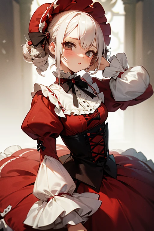Short white hair, blush, one piece、Punk Fashion、Headbang 2.、Red clothes、Elegant Lolita、Victorian Maiden、Twin Drill、