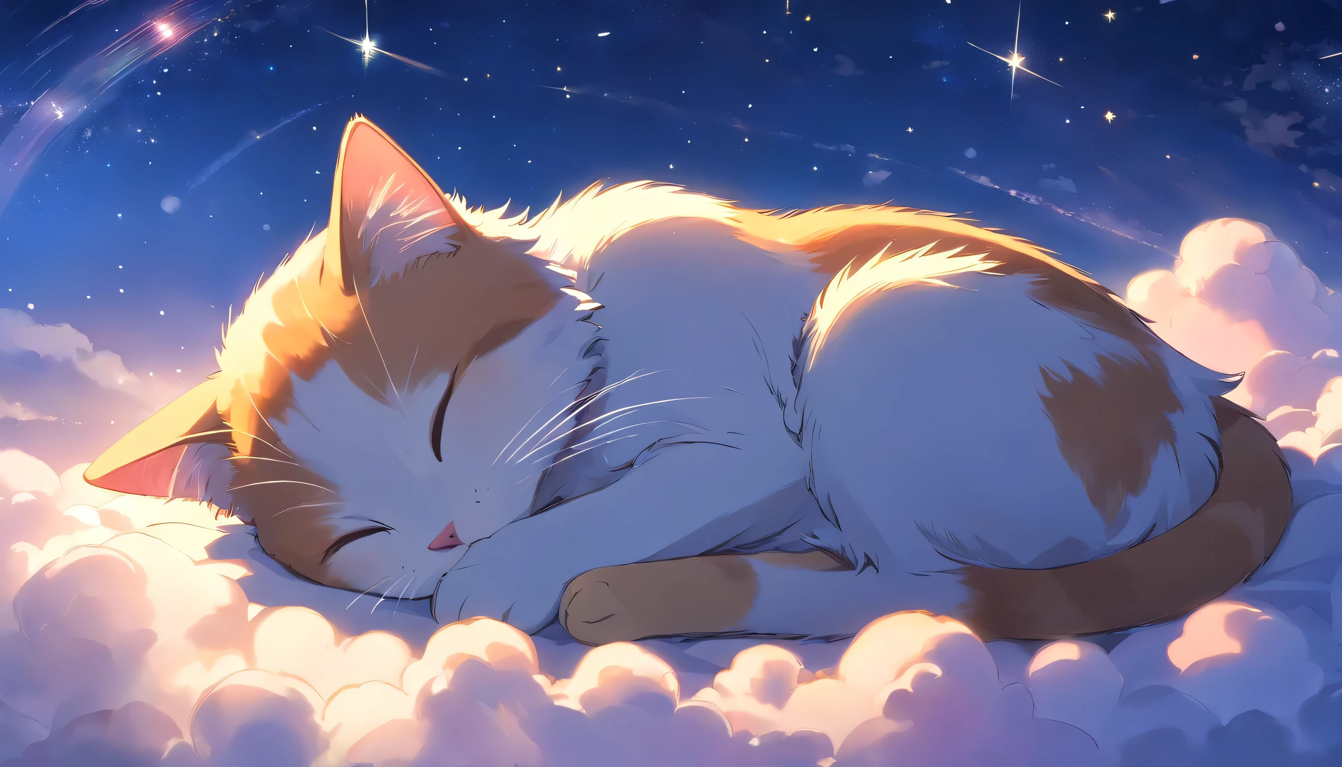  A very cute and tiny cat is sleeping happily.。It&#39;s a very beautiful night view.。The stars shine brightly。Kitten sleeping on a cloud。Kitten with a happy look