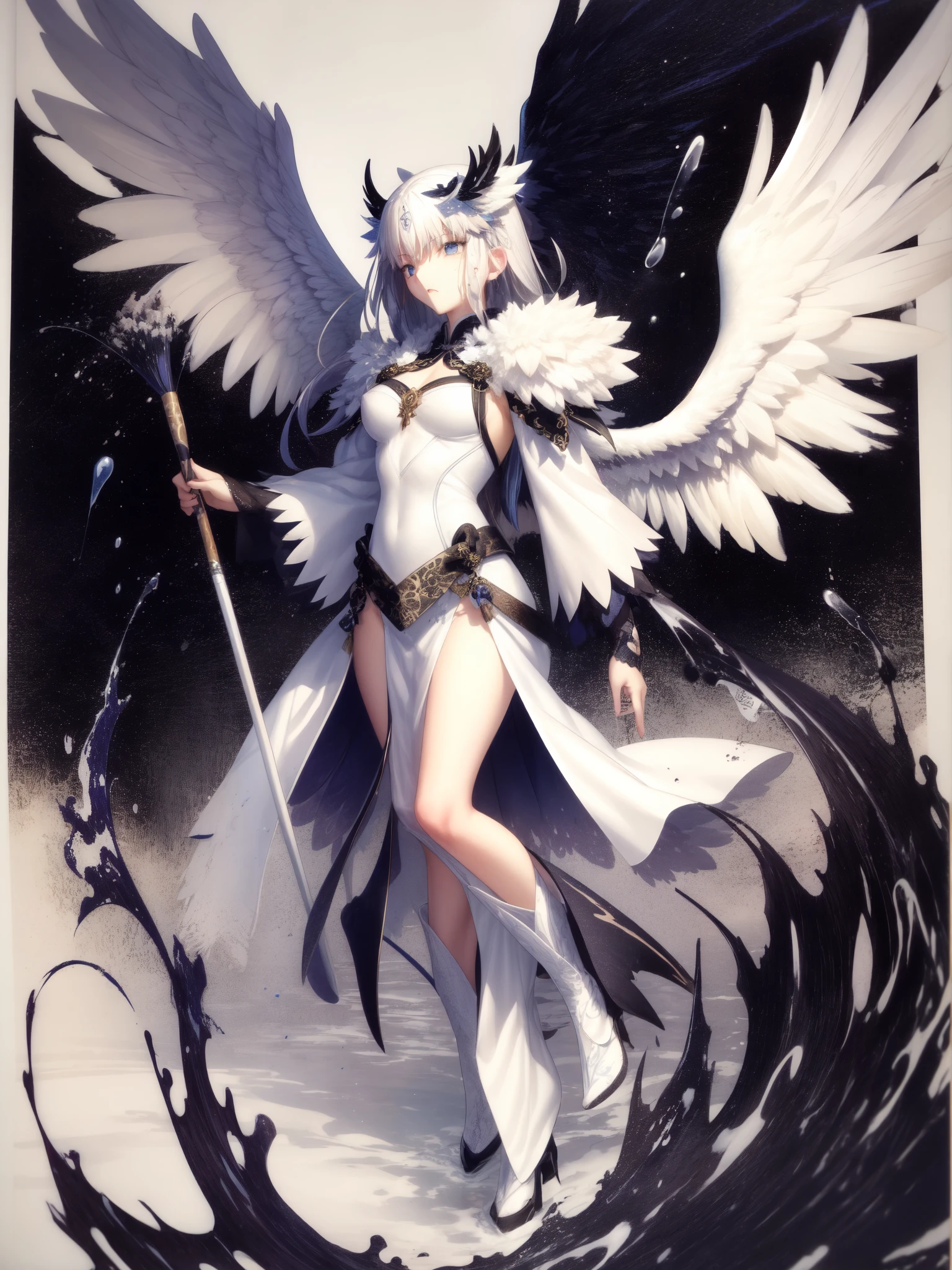 Splattered black ink、perfection、beautiful、Angel man has huge angel wings on his back、 Meticulous brushes、Freehand Splash Ink、xuer ancient style ink、、